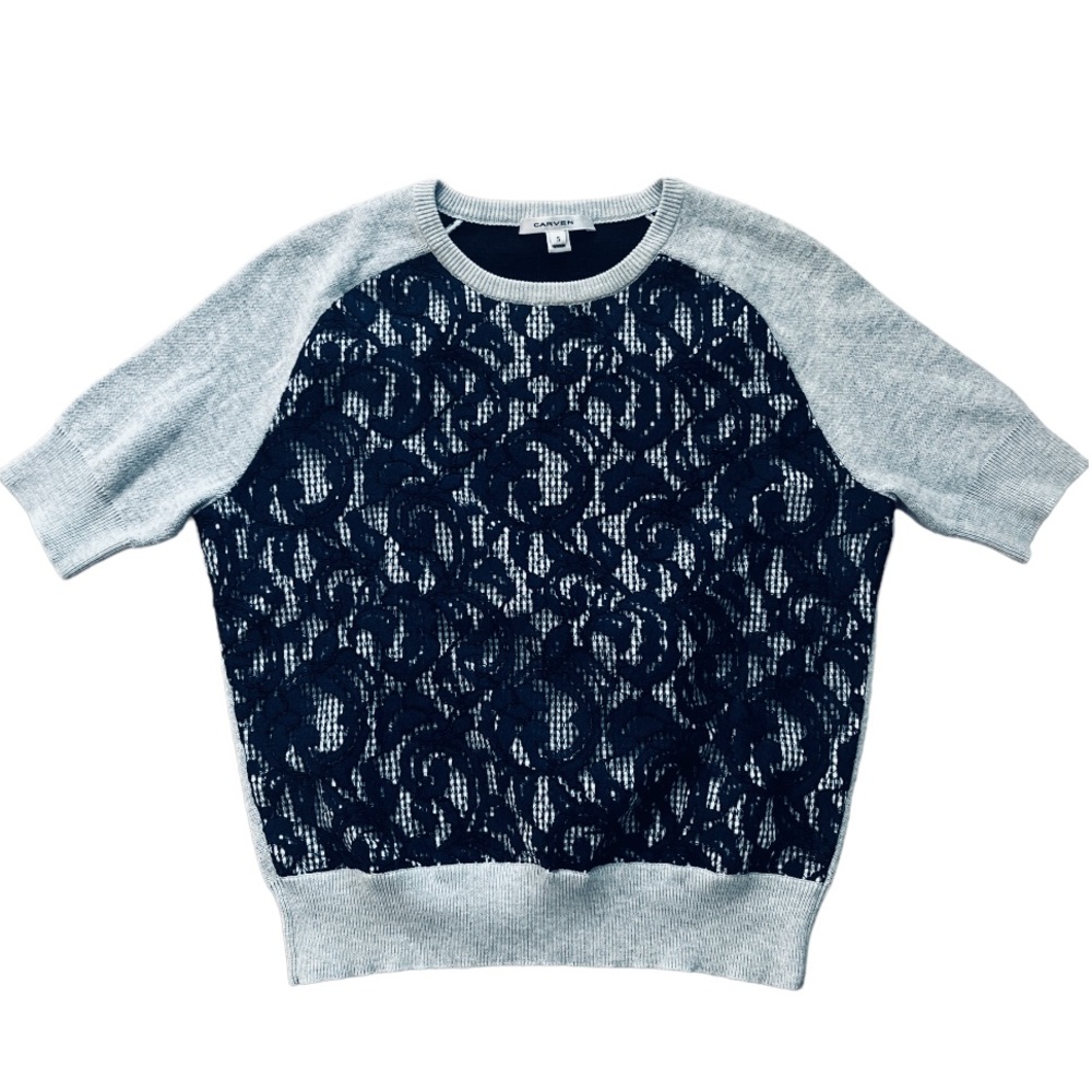 CARVEN🦩Short-sleeve sweater Lt Gray/ Navy Sz:S.  Mint condition